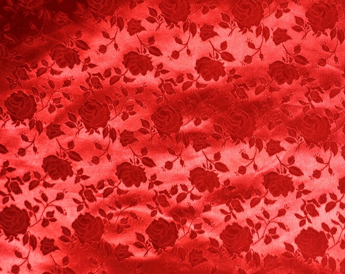 Red satin floral Jacquard fabric  58" wide per yard
