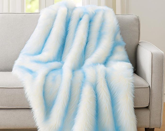 King Queen Twin Bedspread baby blue shaggy tips Exotic Blanket Throw Faux Fur Comforters Bedding Decor Luxurious Handmade