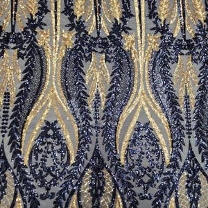 Iridescent Navy/Gold Multi Color 4-way Stretch Iridescent Sequin Fabric Embroidered on Spandex Mesh Sold By The Yard