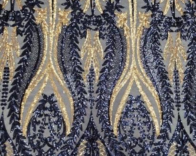 Iridescent Navy/Gold Multi Color 4-way Stretch Iridescent Sequin Fabric Embroidered on Spandex Mesh Sold By The Yard