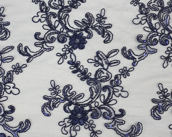 Elena navy corded Floral lace with sequin Fabric Sold By The Yard