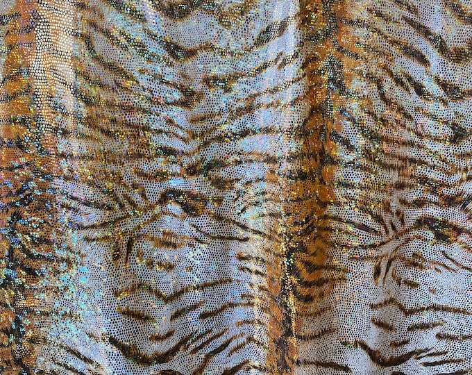 Gold Mystique Tiger Spandex Fabric – 4-Way Stretch Metallic Animal Print Dancewear Costume Fabric by the Yard