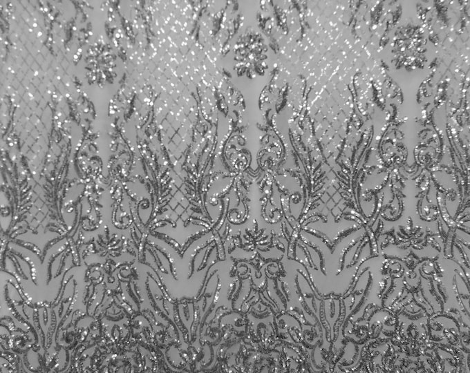 Sequin 4 way stretch,KARMA, Silver (White Mesh), Big Print, Fabric 54" Sold By the Yard