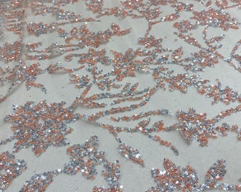 Peach & Silver Floral Sequin Lace Fabric – Luxury Embroidered Mesh for Bridal Gowns, Wedding Dresses, Formal Wear, Evening Gowns