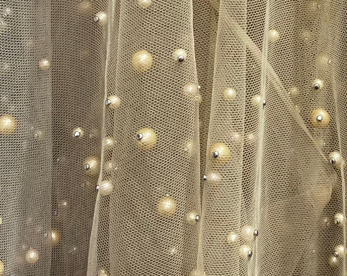 Beige Very Soft Tulle with Pearls | Tulle with Beads | 52" Wide | Bridal Veil Tulle, Wedding Dress |
