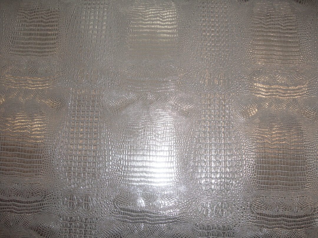 Vinyl Faux Fake Leather, Alligator Glossy 2 Tone SILVER on SILVER Metallic Upholstery Fabric