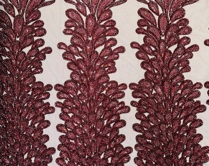 Burgundy peacock sequin gem beaded on mesh, sold by the PANEL