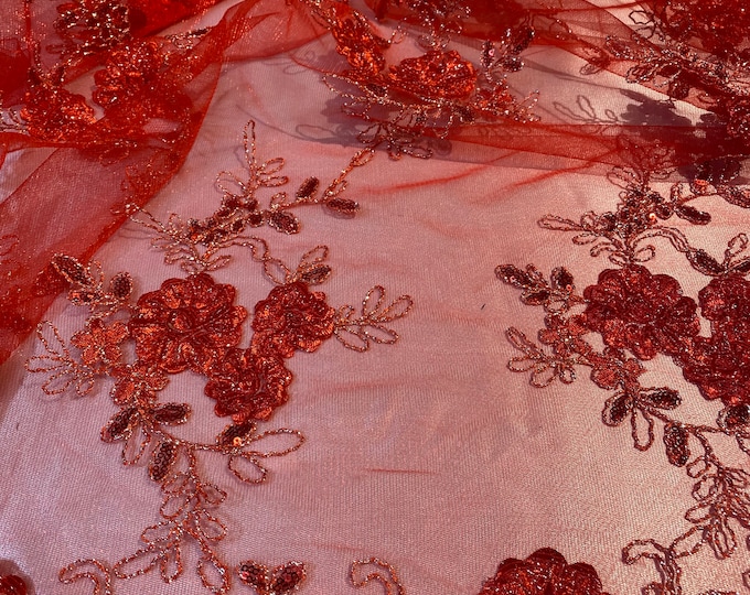 Red floral lace ,embroider with sequin on mesh scalloped, sold by the yard 54” wide