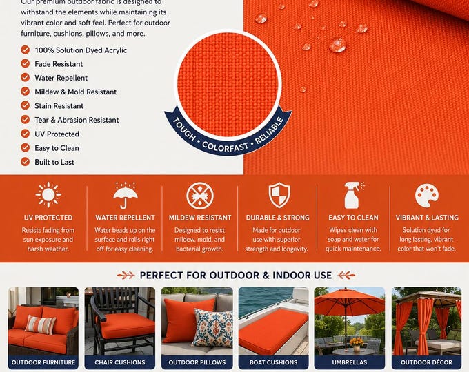 Orange Outdoor water resistant fabric 60" wide per yard