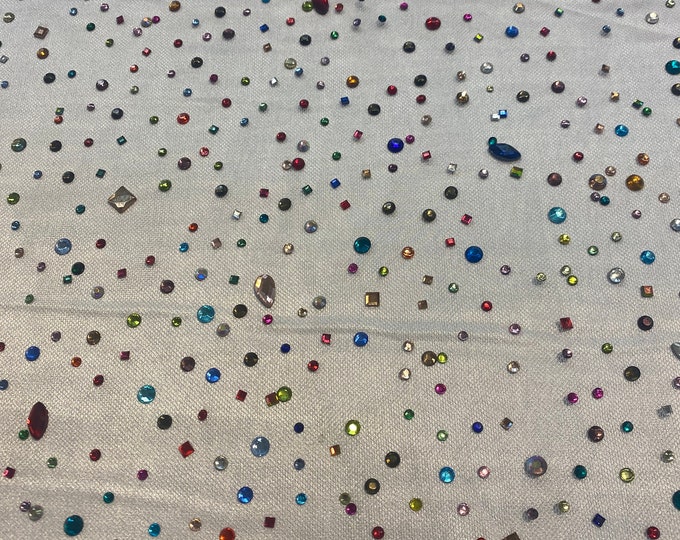 Beaded multicolored, rhinestone gems, on white mesh fabric, 54 inches wide