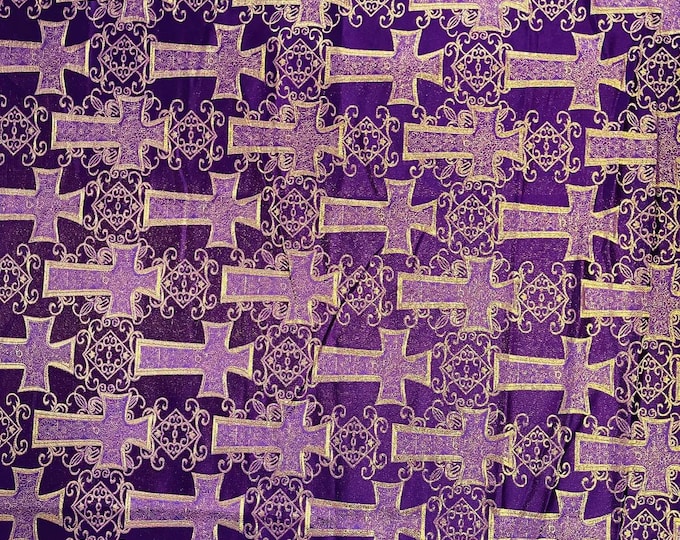 Purple Gold Cross Jacquard Satin Fabric – Religious Brocade Cloth for Vestments, Church Decor, Costumes & Crafts