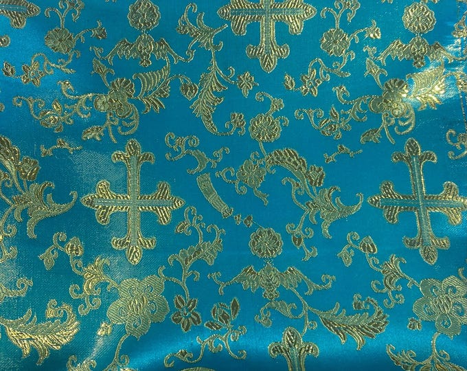 Turquoise with gold  Brocade cross floral Fabric By the Yard 54” wide