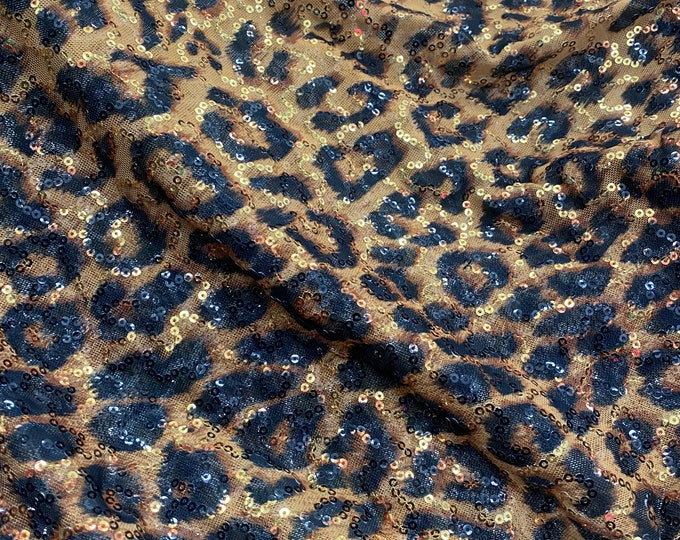 Brown Gold leopard stretch lace with sequins all around 58” wide