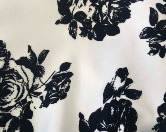 Ivory Scuba with Black Velvet Roses stretch  dance wear home decor fabric by the yard 60" Wide