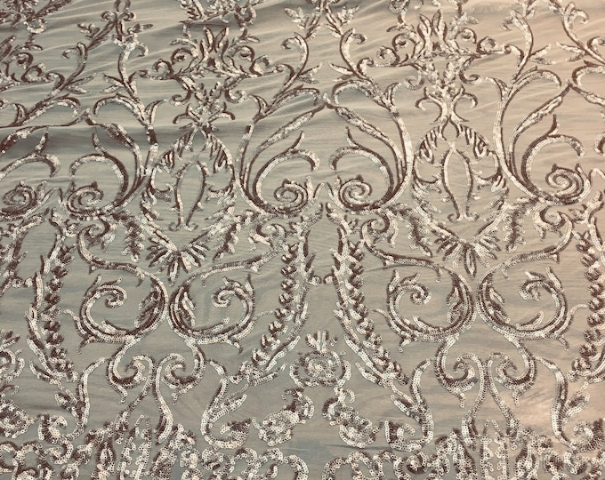 Victorian  SWEETHEART Damask 4-Way Stretch Mesh Lace CHAMPAGNE Tiny Sequin Fabric 56" Sold By the Yard, Regency, Edwardian, Red Carpet,