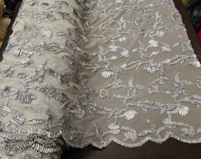 Ribbon Embroidery GREY Scalloped Edge Lace Fabric Perfect for Wedding Dress and Prom Mechanical Stretch Sold By the Yard 50" Width