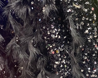 Black sequin stretch velvet with feathers , 4-Way stretch  fabric by the yard 60" Wide