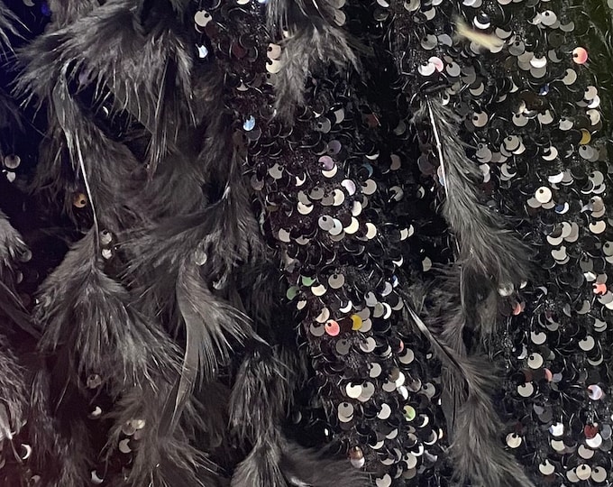 Black sequin stretch velvet with feathers , 4-Way stretch  fabric by the yard 60" Wide