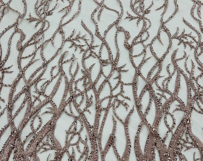 Rose gold Vine with heavy beading on a mesh lace-sold by the yard.