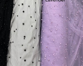 Scattered Pearls Studded Mesh, 2-Way Stretch Fabric per yard