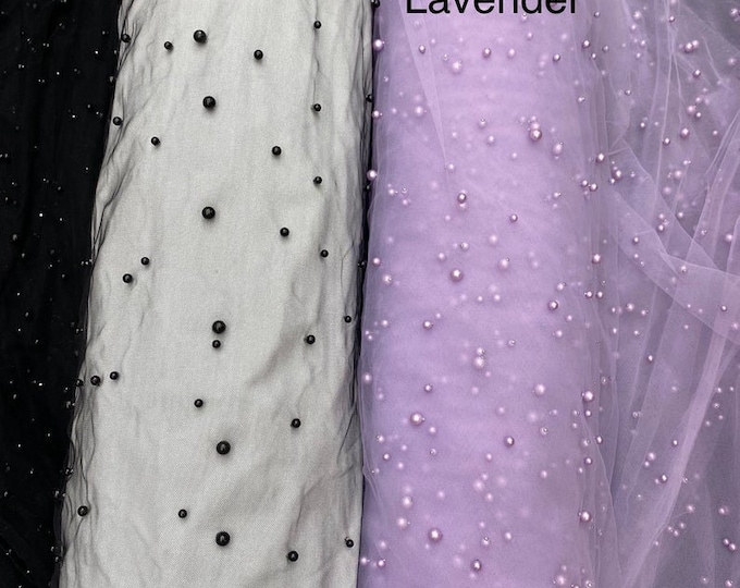 Scattered Pearls Studded Mesh, 2-Way Stretch Fabric per yard