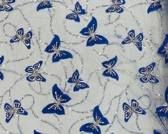 Royal Blue 3D butterfly embroider with beaded on a mesh lace fabric sold by yard