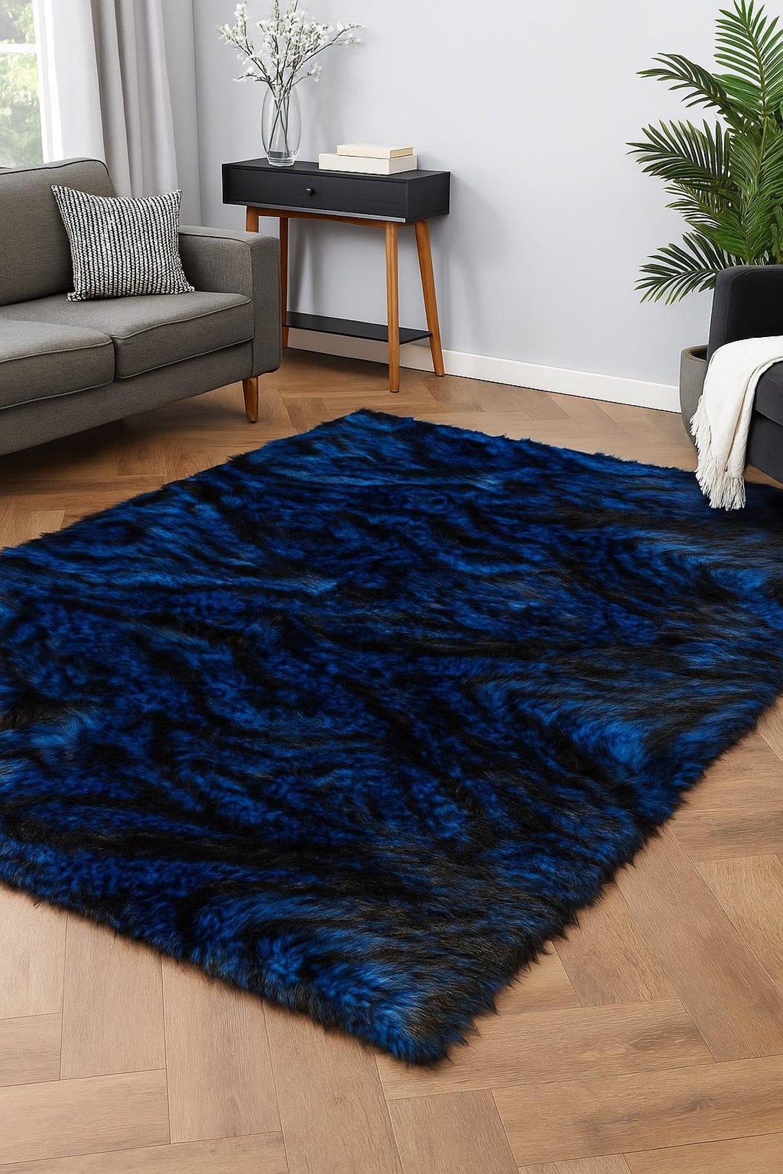 8' X 10' Husky Blue Fur Faux Fur Rug Rectangle Shape Plush Soft Modern ...