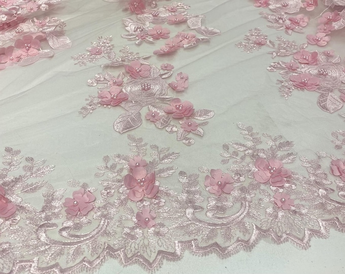 Pink 3d floral design ,embroider with pearls mesh lace scalloped, sold by the yard 54” wide