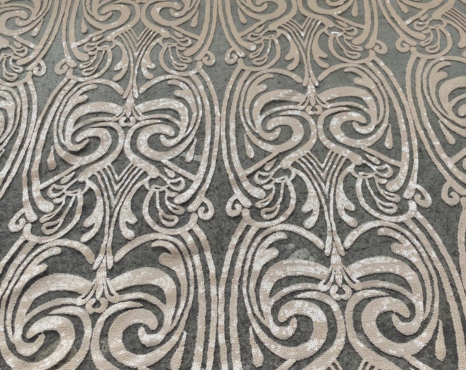 Nude damask on mesh , Fabric 54" Sold By the Yard.