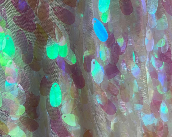Iridescent Oval Tear Drop Sequins Fabric Irisdescent ivory /pink Mermaid Shiny Fabric By The Yard