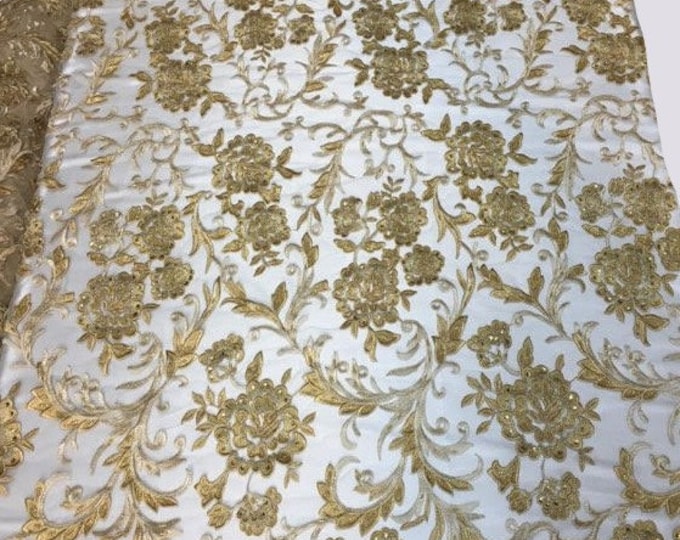 GOLD HAND LACE  scalloped Fabric by the yard, 52" Wide Lace, mesh, dress,