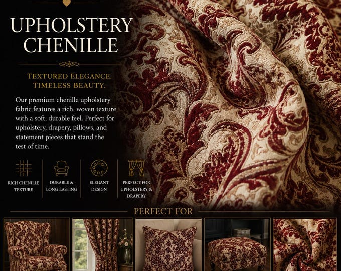 Crimson Damask Chenille Upholstery Drapery fabric by the yard 57" Wide