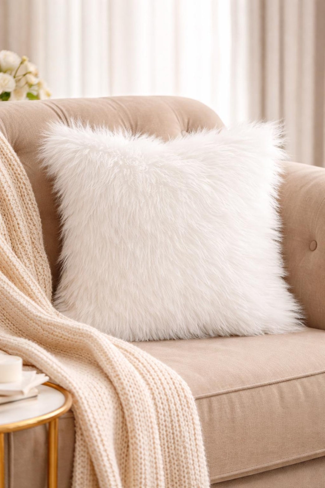 Set of 2 Piece 22x22 Inch Bright White Faux Fur Cushion Pillow
