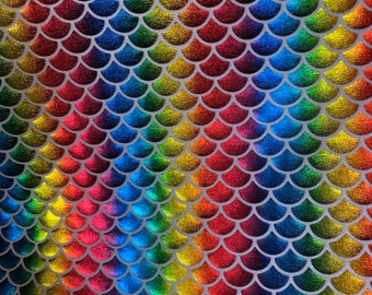 Tela de spandex holográfica de sirena con escamas de arcoíris elásticas en 4 direcciones, cortada a medida