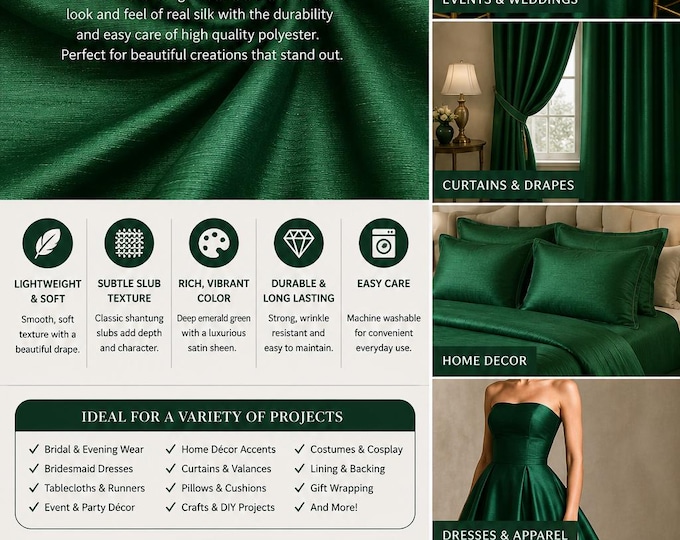 Emerald Green Shantung Dupioni Faux Silk two tone fabric BY THE YARD 54" wide