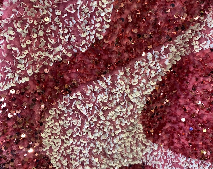 Dusty Rose White Sequin Embroidered Fabric | Sparkly Glam Fabric for Dresses, Costumes, Event Decor & Crafts