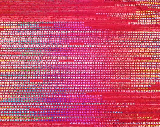 Stretch spandex, Red mini square lines  fabric. Great for Dancewear, costumes, leggings. Sold by the Yard.