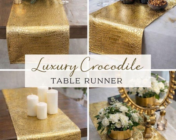 12x108" GOLD CROCODILE VINYL Table Runner, Home Decor, Kitchen Decor, Hospitality Gift, Housewarming, Traditional, Modern, Rustic