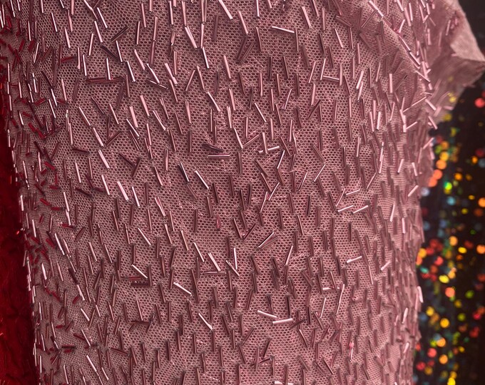 Dusty rose All over pipe work on mesh fabric, 54 inches wide