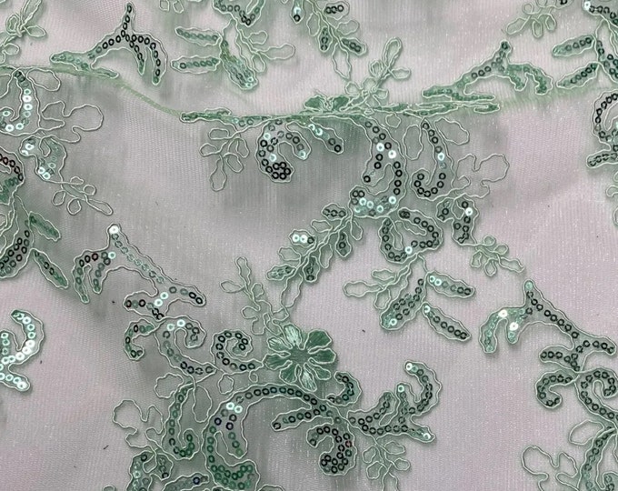 Elena mint corded Floral lace with sequin Fabric Sold By The Yard
