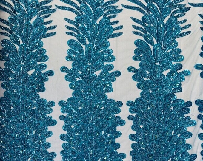 Turquoise peacock sequin gem beaded on mesh, sold by the PANEL