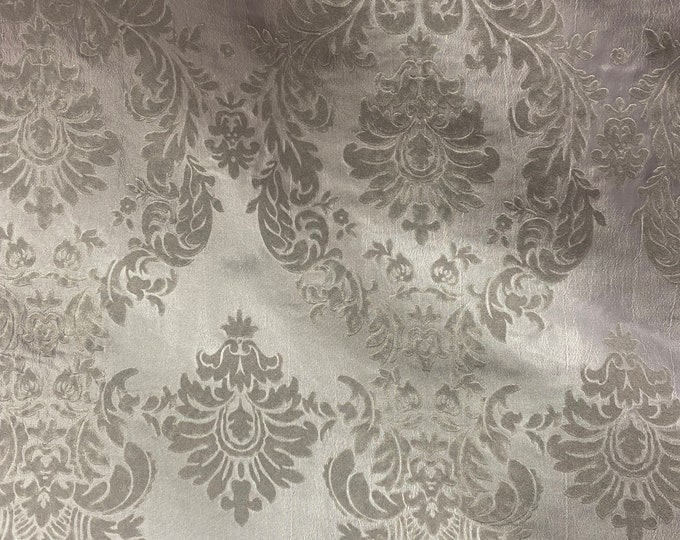 Damask taffeta flocked Gray on silver fabric by the yard