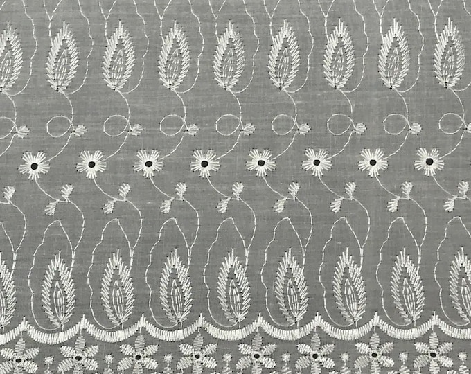 White Medium Weight Eyelet Fabric – Double Scalloped Edge – Finished Border – Embroidery Cotton Fabric by the Yard