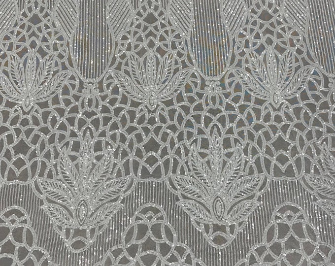 Sequin white on white mesh , 4-way Stretch, Fabric 54" Sold By the Yard, Wedding, Prom, Dresses, Lingerie, Pageant