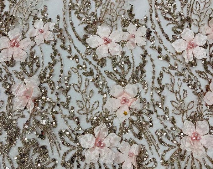 Rose Gold 3d glitter floral embroider with pearls mesh lace scalloped, sold by the yard 54” wide