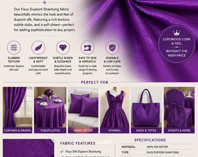 Dark Purple Faux Silk Dupioni Shantung Fabric: 54" Wide, Slub Texture