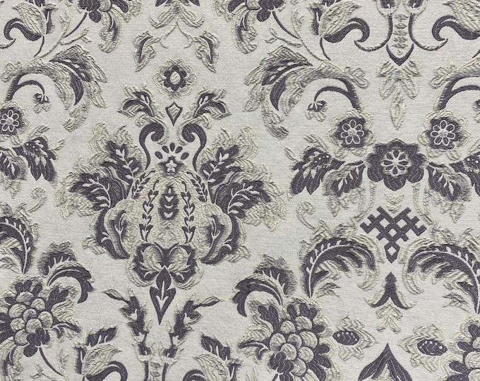 Black jacquard damask on ivory upholstery furniture fabric by the yard
