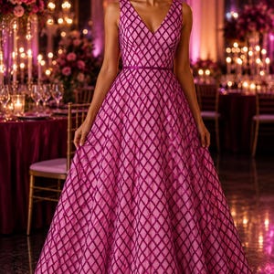 May include: A floor-length magenta gown featuring a V-neckline, sleeveless bodice, and a defined waistline. The dress is adorned with a dark purple diamond-shaped grid pattern that extends from the bodice down to the full, flowing skirt.
