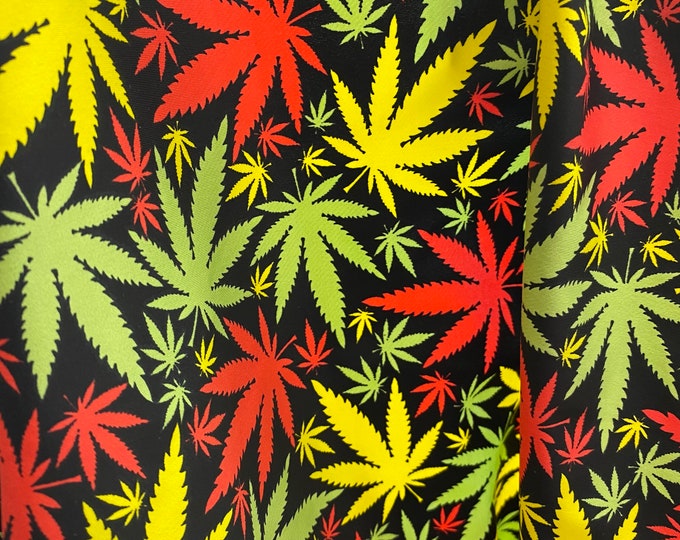 Stretch spandex / Yellow green green multicolored FLOWER  (PLANT) leaves print sold by the yard