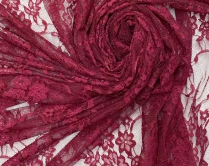 Burgundy Vintage Stretch Floral Lace fabric 4 way  By The Yard